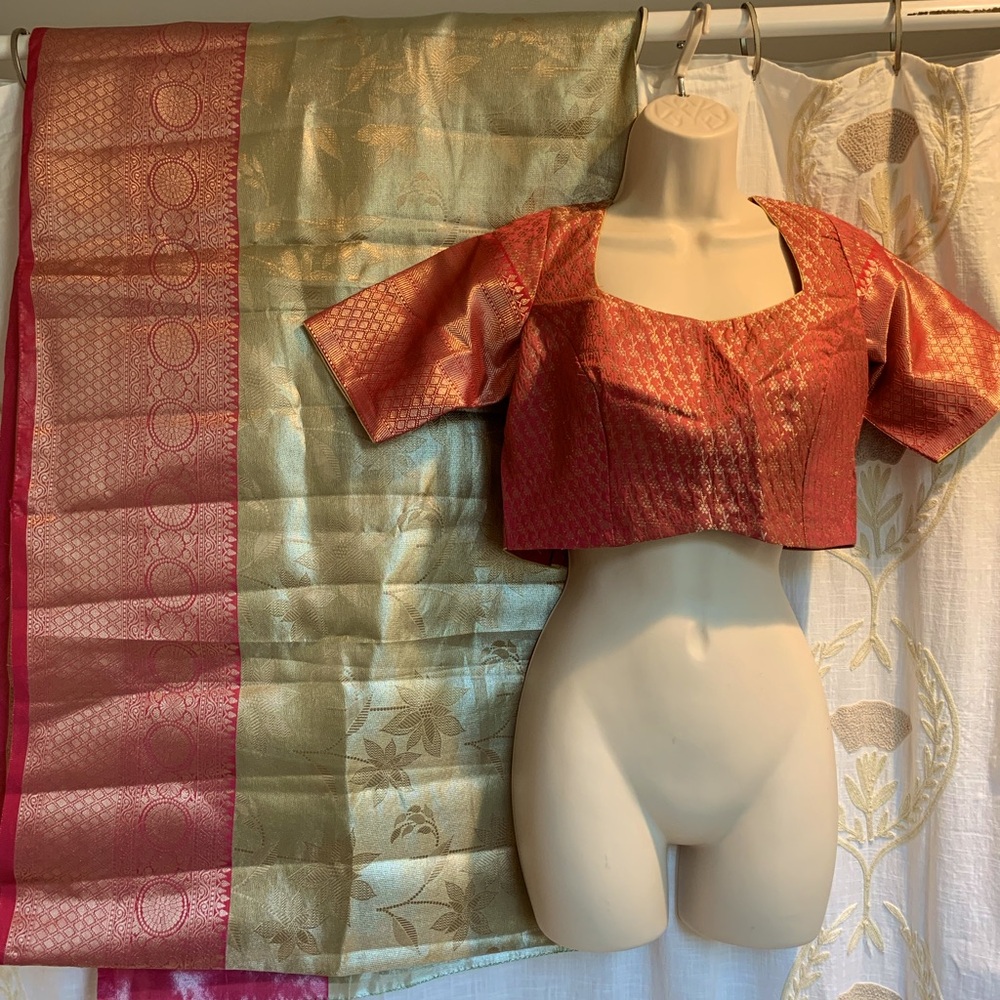NEW Saree & Top- Pink, Sage and Gold